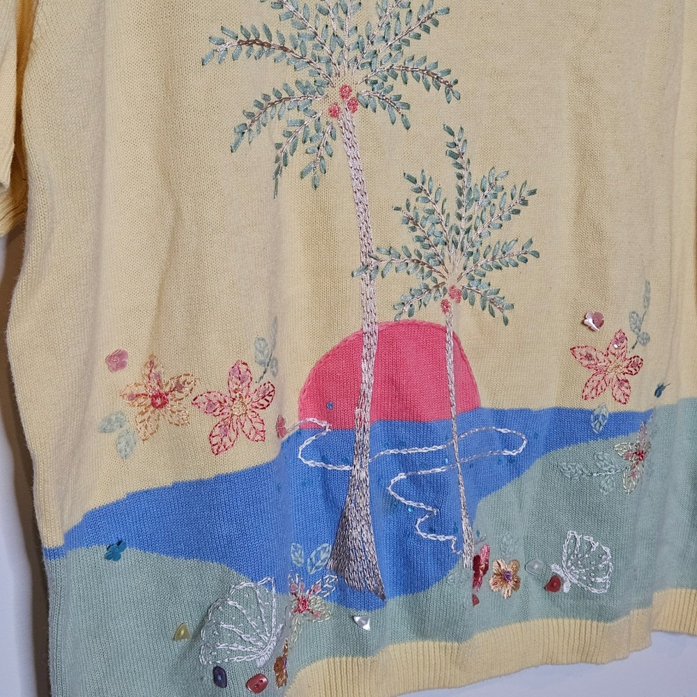 Alfred Dunner Vintage Embellished Palm Tree Beach Pastel Yellow Knit Top XL‎ - Picture 3 of 5